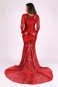 Back image of red long sleeve geometric pattern sequin full length evening gown with V plunge neckline, center front slit and floor sweeping train