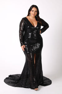 Plus Size Black long sleeve geometric pattern sequin full length evening gown with V plunge neckline, center front slit and floor sweeping train