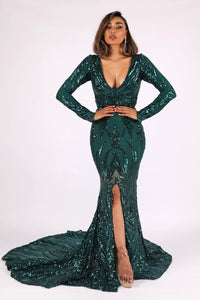 Emerald Green Pattern Sequin Long Sleeve Floor Length Evening Gown with V Plunging Neckline, Front Slit and Sweep Train 