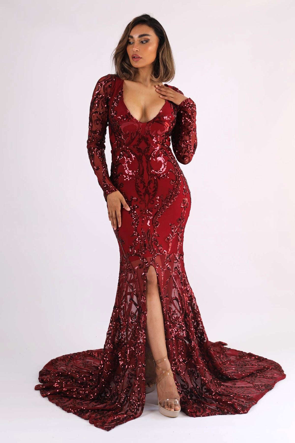 Deep Red Pattern Sequin Long Sleeve Floor Length Evening Gown with V Plunging Neckline, Front Slit and Sweep Train