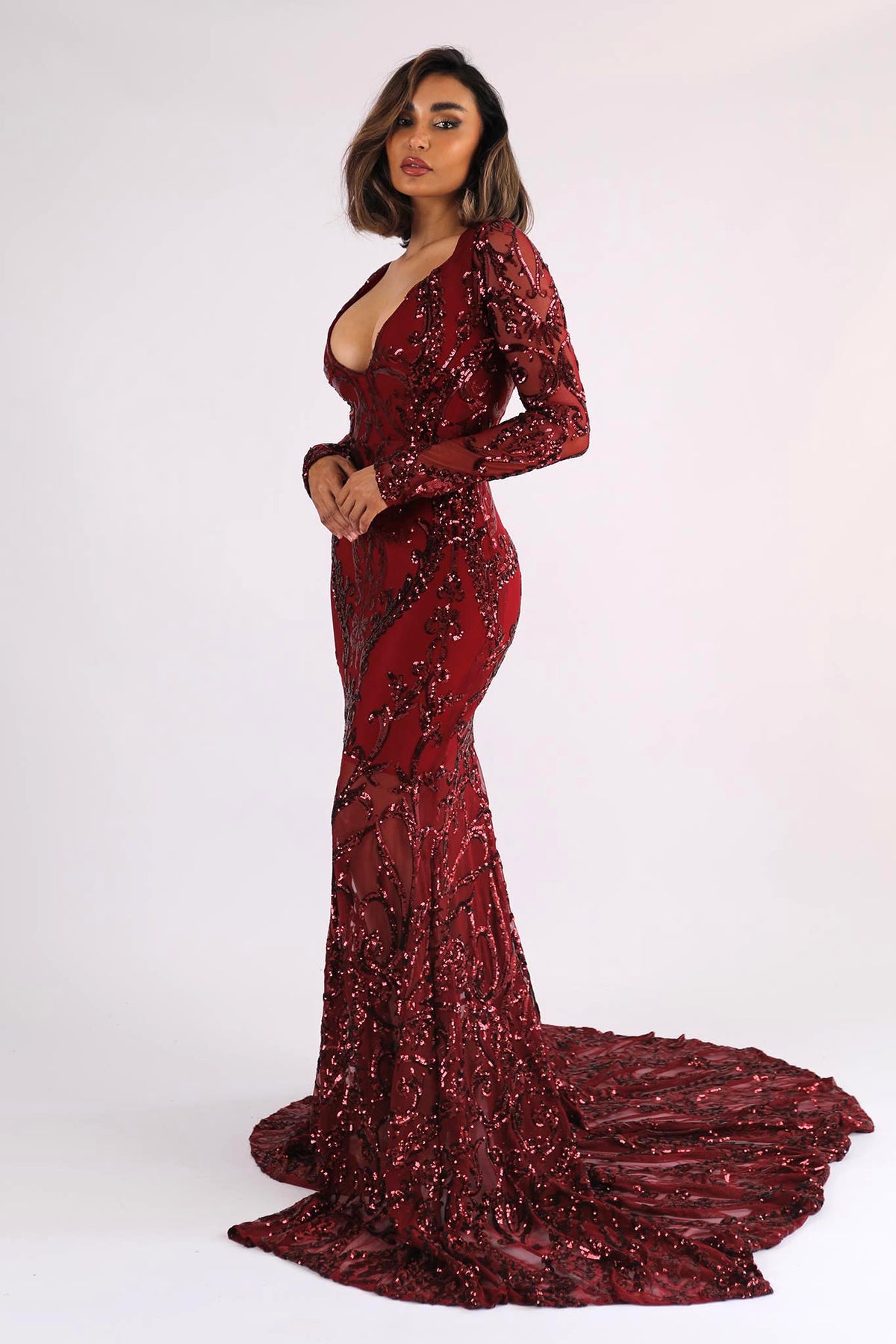 Side Image of Deep Red Pattern Sequin Long Sleeve Floor Length Evening Gown with V Plunging Neckline, Front Slit and Sweep Train