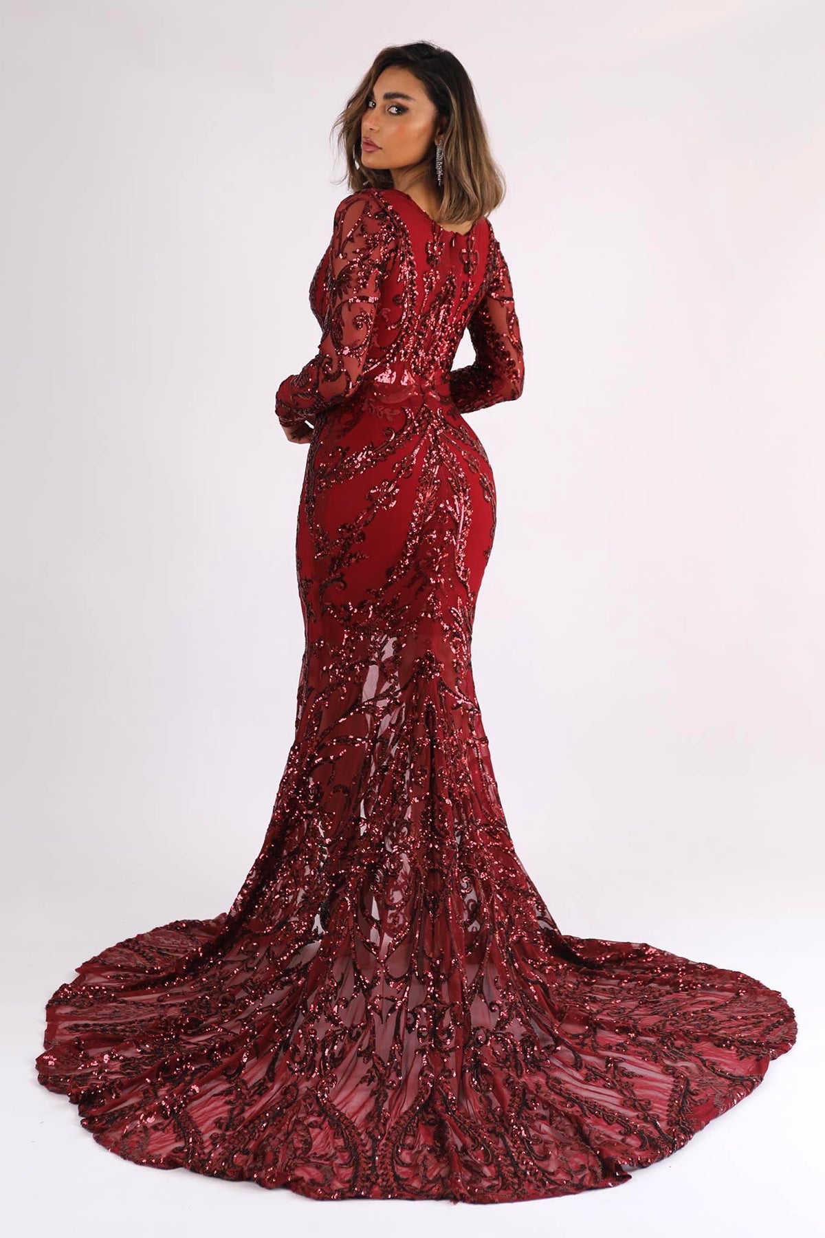 Close Back and Sweep Train of Deep Red Pattern Sequin Long Sleeve Floor Length Evening Gown with V Plunging Neckline and High Front Slit