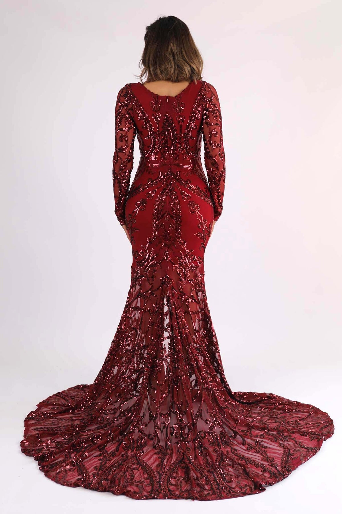 Back Image of Deep Red Pattern Sequin Long Sleeve Floor Length Evening Gown with V Plunging Neckline, Front Slit and Sweep Train
