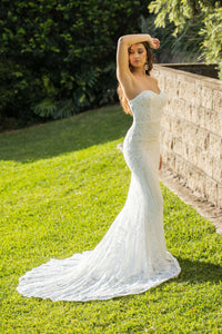White Embroidered Pattern Sequin Floor Length Evening Dress with Strapless Sweetheart Neckline and Mermaid Skirt