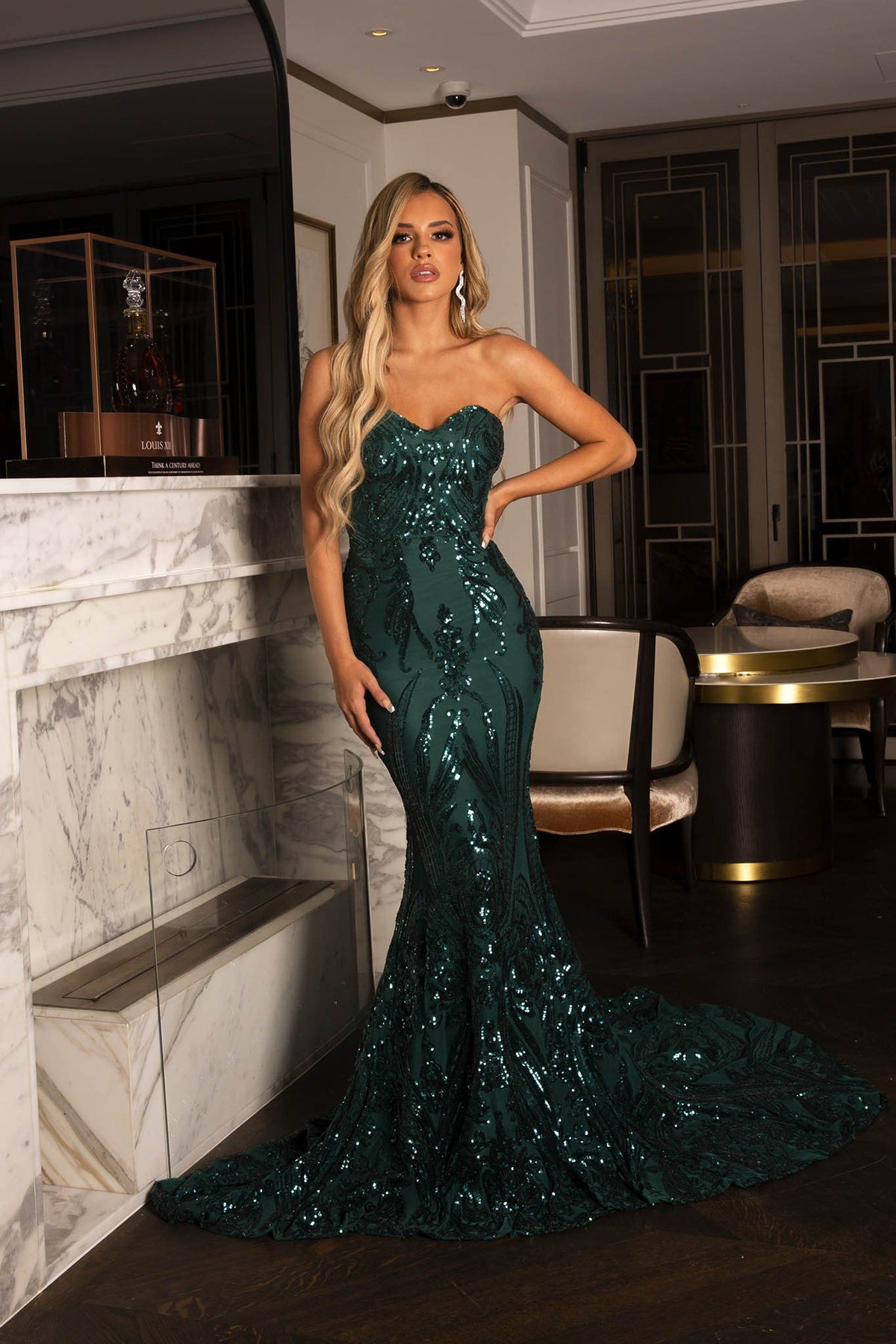 Emerald Green Embroidered Pattern Sequin with Deep Green Lining Floor Length Evening Dress with Strapless Sweetheart Neckline, Mermaid Skirt and Floor Sweeping Train