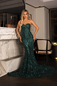 Emerald Green Embroidered Pattern Sequin with Deep Green Lining Floor Length Evening Dress with Strapless Sweetheart Neckline, Mermaid Skirt and Floor Sweeping Train
