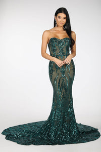 Emerald Green Embroidered Pattern Sequin with Nude Lining Floor Length Evening Dress with Strapless Sweetheart Neckline and Mermaid Skirt