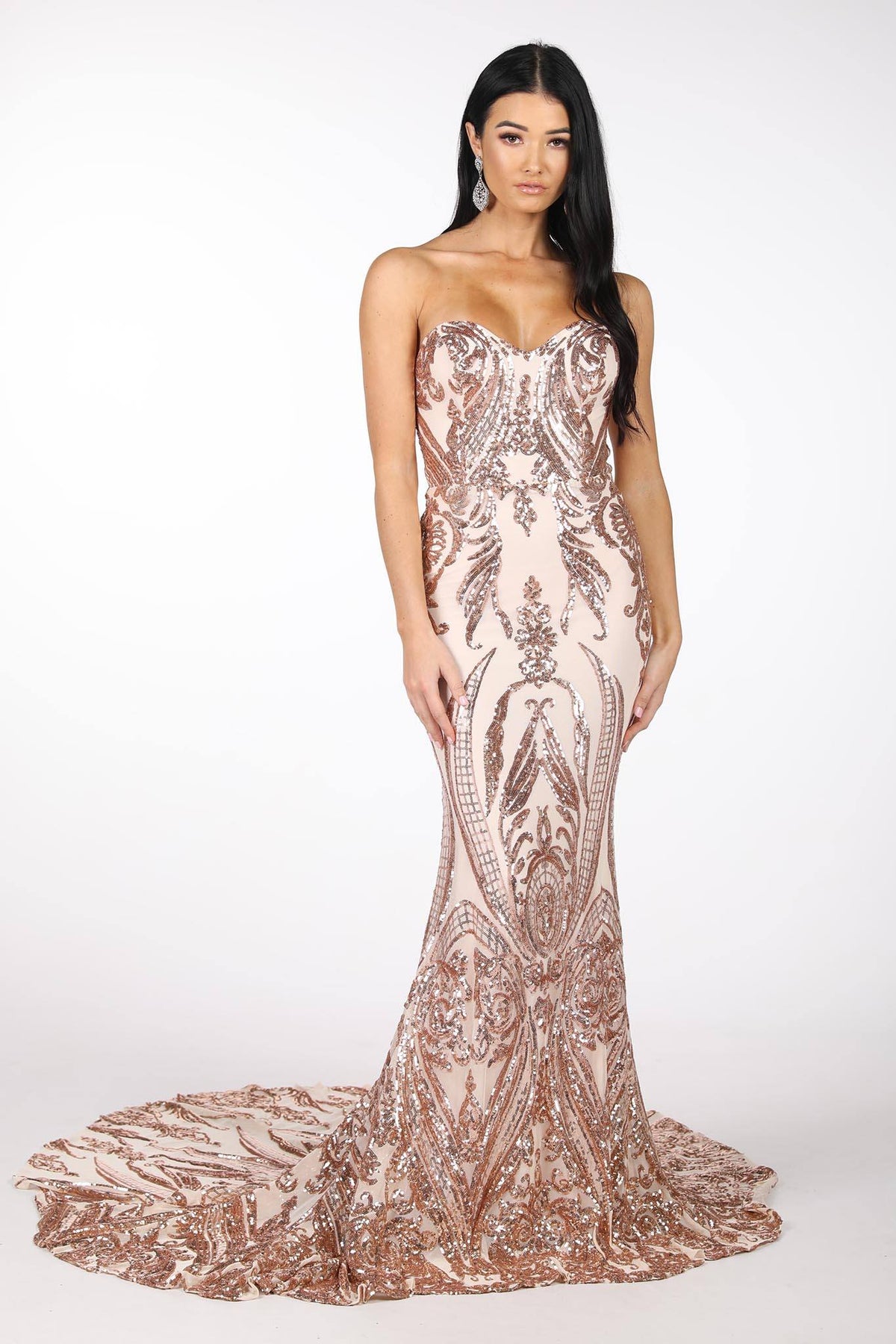 Rose Gold Embroidered Pattern Sequin with Light Pink Lining Floor Length Evening Dress with Strapless Sweetheart Neckline and Mermaid Skirt
