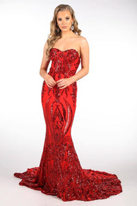 Red Embroidered Pattern Sequin with Red Lining Full Length Evening Gown with Strapless Sweetheart Neckline, Mermaid Silhouette and Sweep Train
