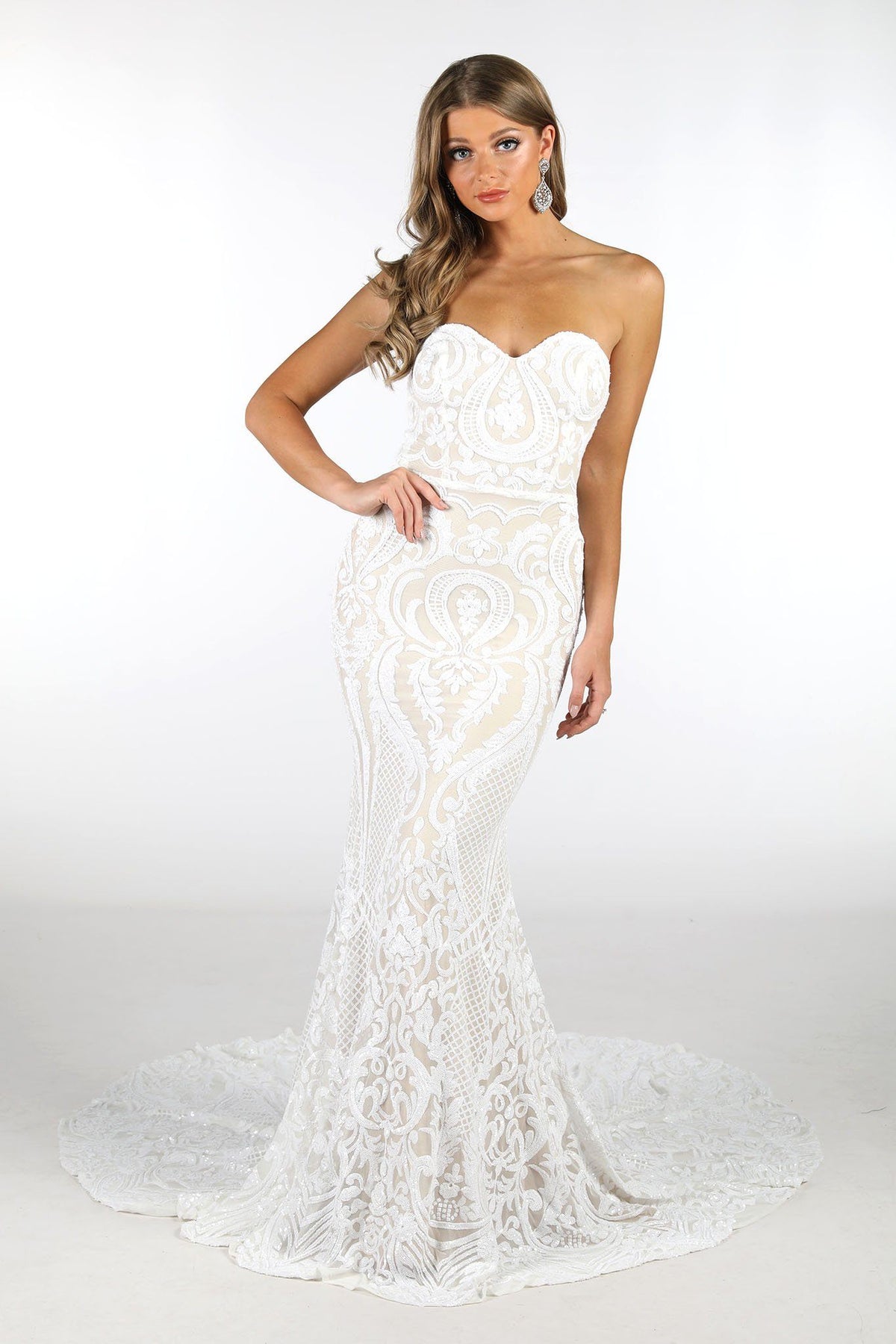 White Embroidered Pattern Sequin with Nude Lining Floor Length Evening Dress with Strapless Sweetheart Neckline and Mermaid Skirt