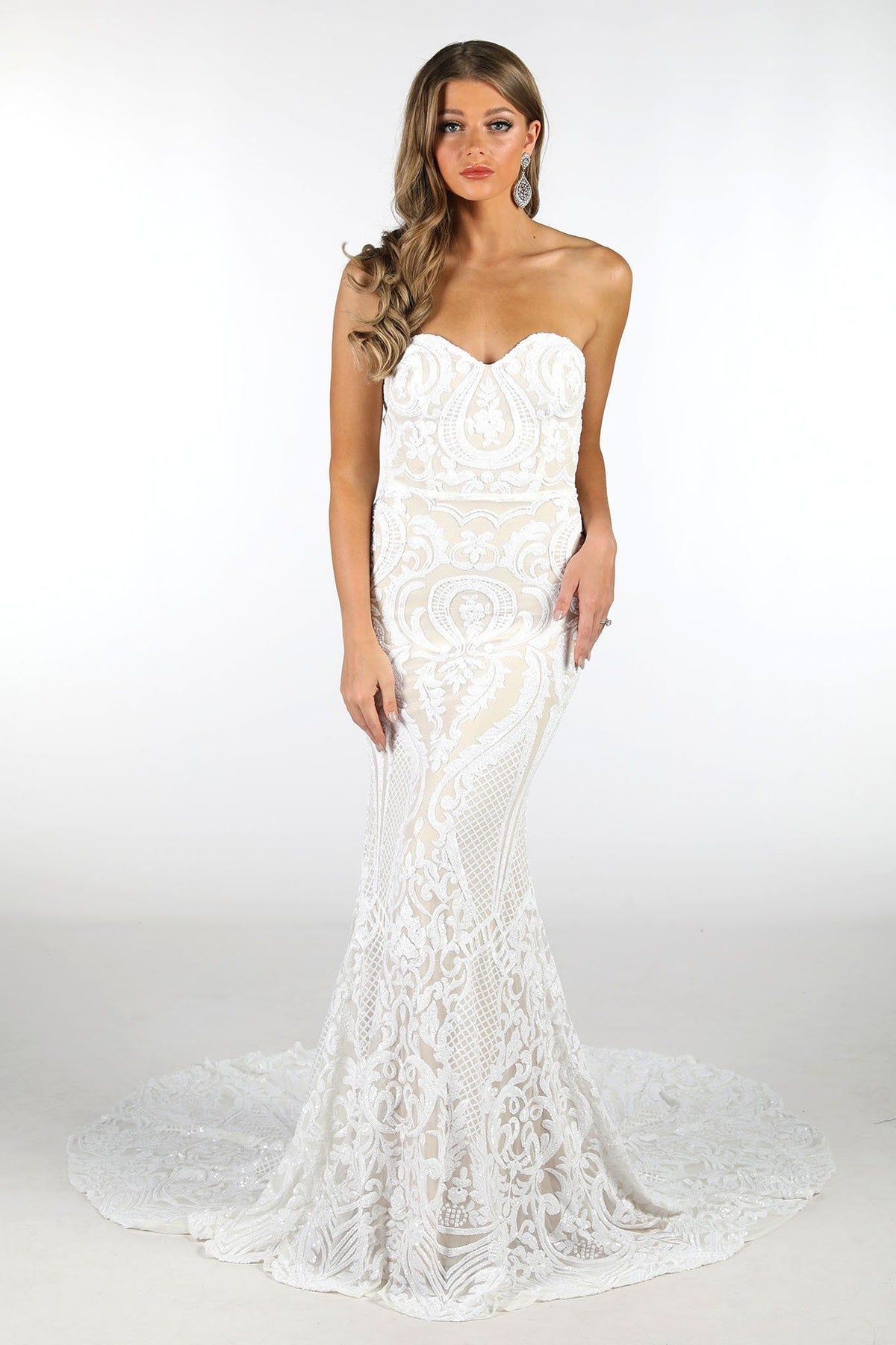 White Embroidered Pattern Sequin with Nude Lining Floor Length Evening Dress with Strapless Sweetheart Neckline and Sweep Train