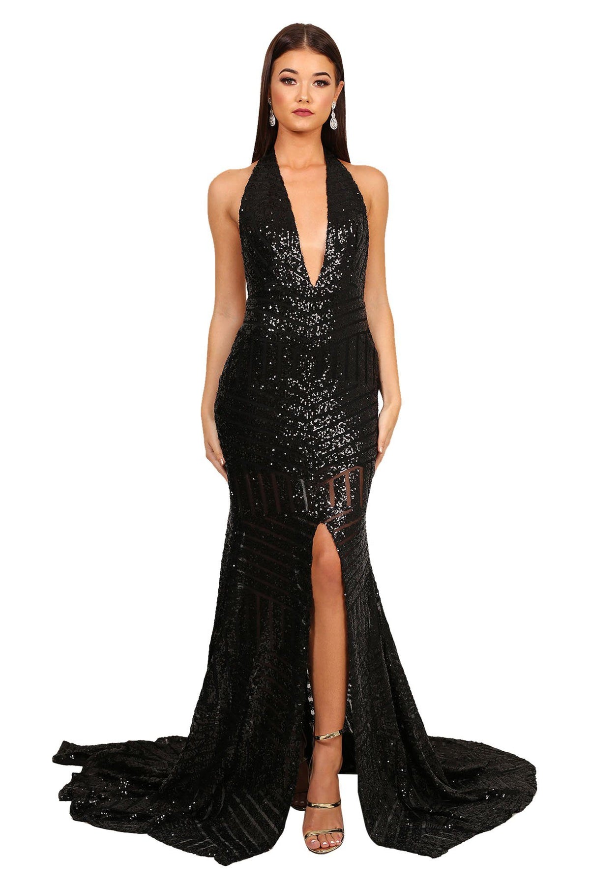 Front of black sequinned mermaid evening gown with halter v plunge neck and high centre front leg slit