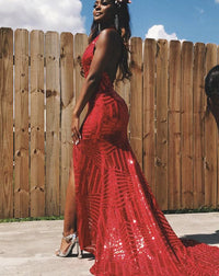 Noodz Boutique's customer @kamryn.alexissss wearing red Goddess sequin evening long gown. The dress features long train, backless design, front high split and halter neckline