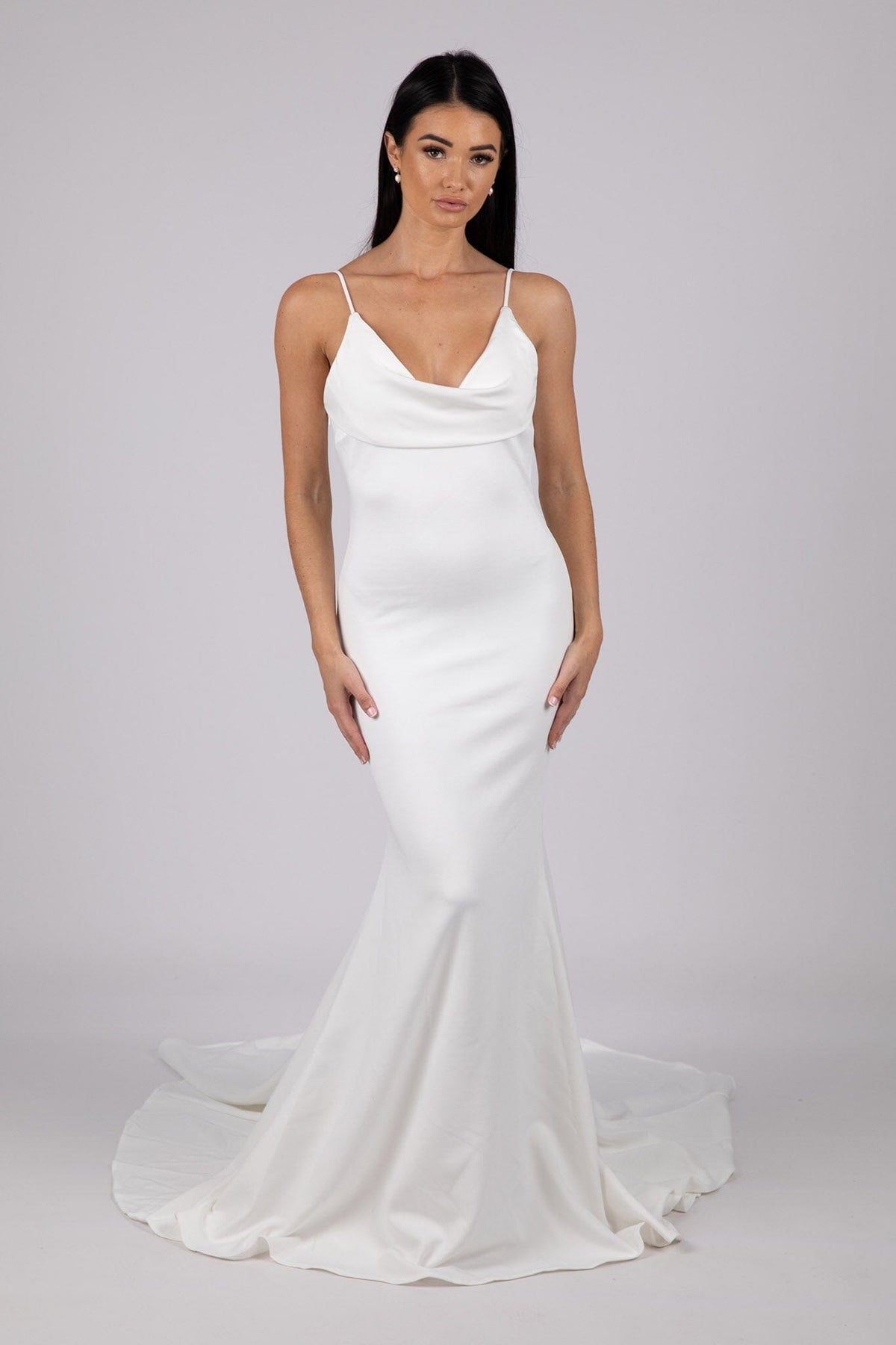 Ivory White Fitted Wedding Gown with Cowl Neckline, Thin Shoulder Straps and Backless with Cowl Back Detail