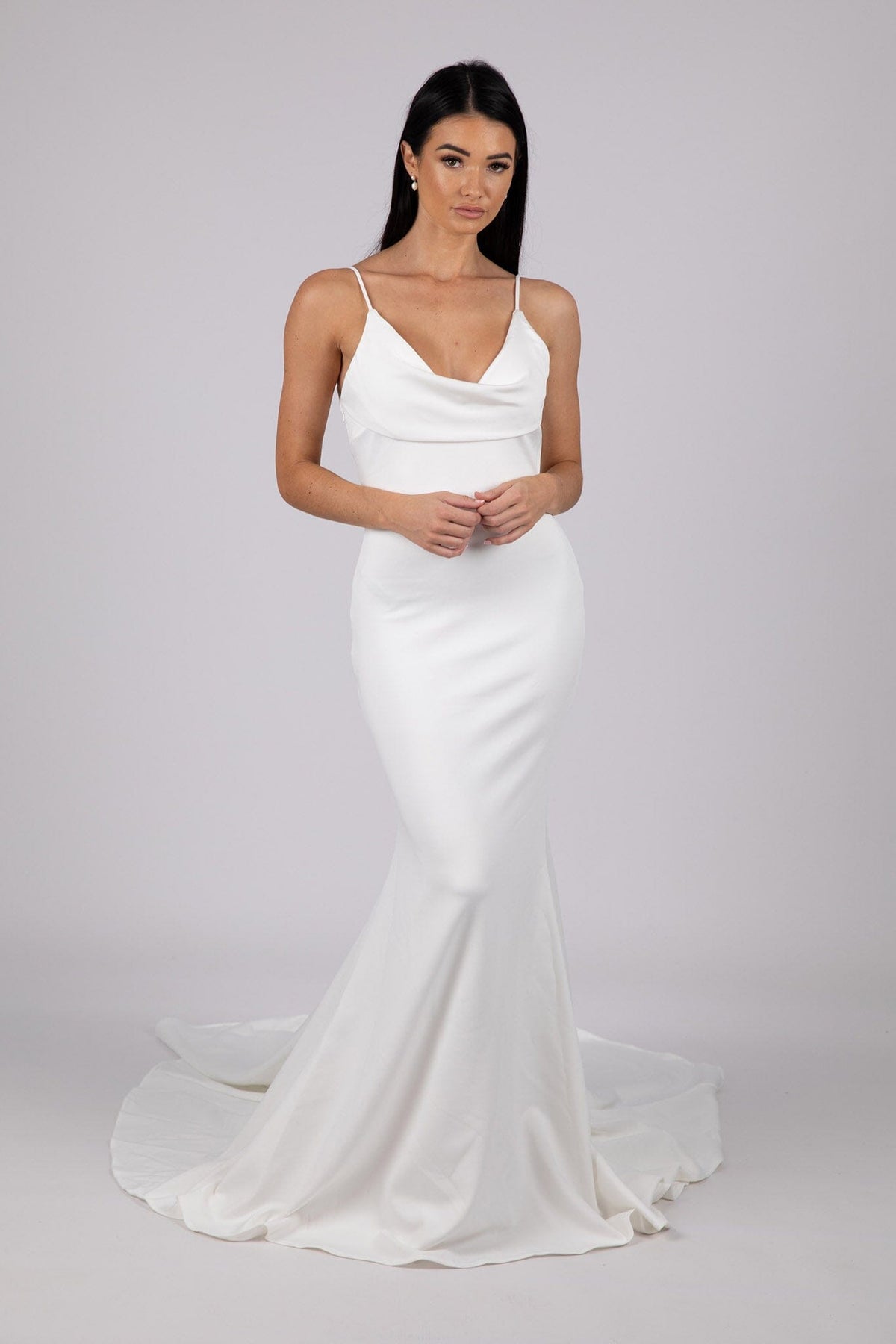 Ivory White Fit and Flare Wedding Gown with Cowl Neckline, Thin Shoulder Straps and Backless with Cowl Back Detail
