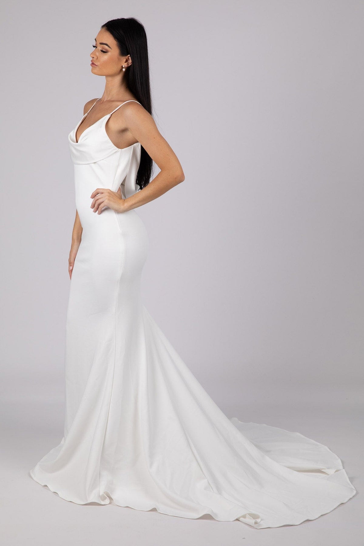 Side Image of Ivory White Fit and Flare Wedding Gown with Cowl Neckline, Thin Shoulder Straps and Backless with Cowl Back Detail