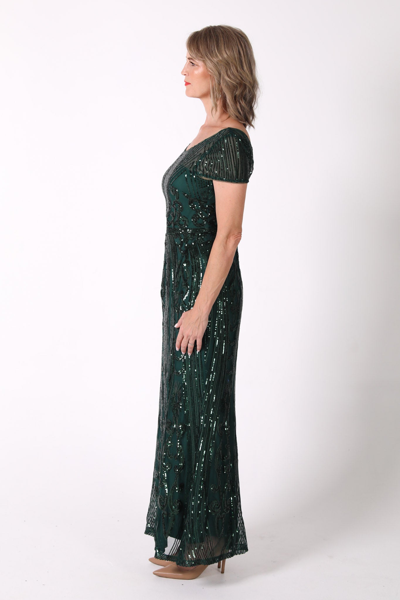 slim fit dress slacks Elena Long-Sleeve Pattern Sequin Gown main image 0