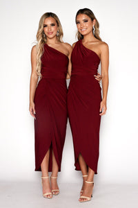 Deep Red Midi Dress with One Shoulder Neckline, Faux-wrap Front Design and Asymmetrical Skirt with Centre Front Split