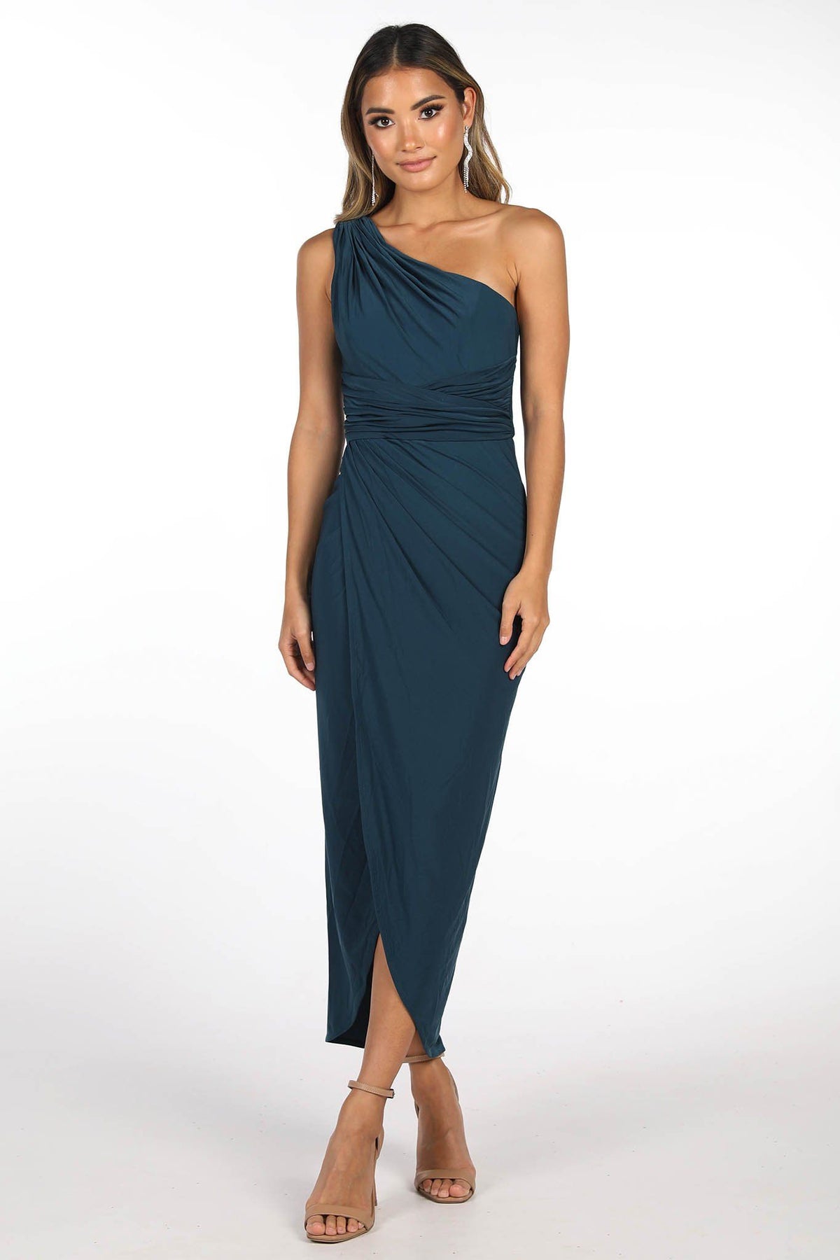 Deep Teal Green Midi Dress with One Shoulder Neckline, Faux-wrap Front Design and Asymmetrical Skirt with Centre Front Split