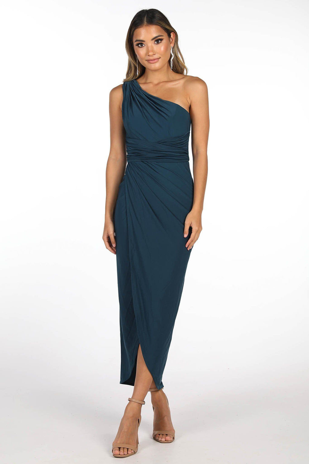 Deep Teal Green Midi Dress with One Shoulder Neckline, Faux-wrap Front Design and Asymmetrical Skirt with Centre Front Split
