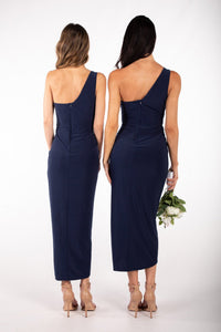 Back image of Navy Midi Dress with One Shoulder Neckline, Faux-wrap Front Design and Asymmetrical Skirt with Centre Front Split