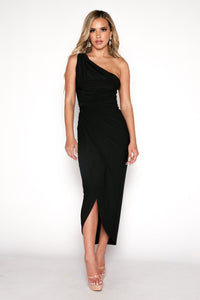 Black Midi Dress with One Shoulder Neckline, Faux-wrap Front Design and Asymmetrical Skirt with Centre Front Split