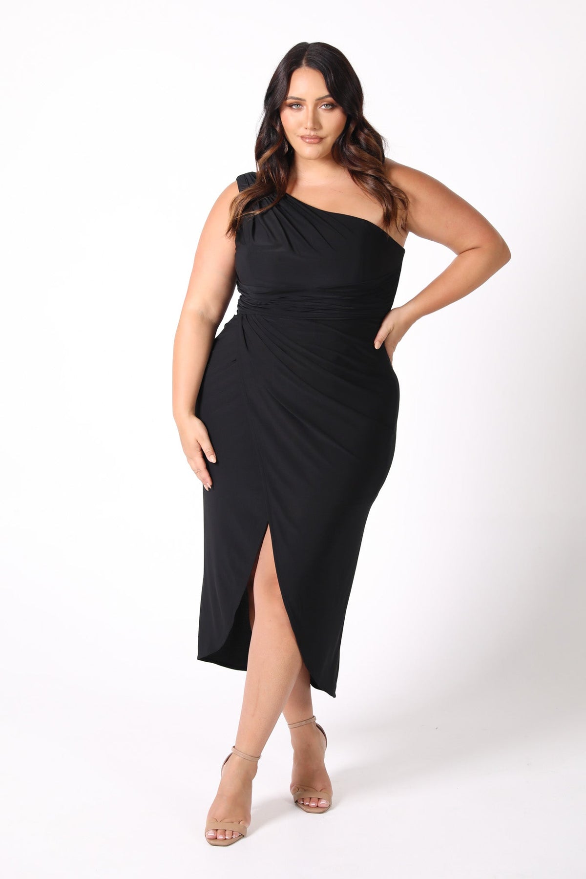 Black Plus Size One Shoulder Midi Dress 