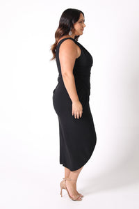 Side Image of Black Plus Size One Shoulder Midi Dress 