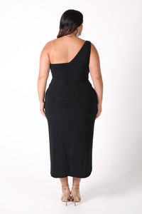 Back Image of Black Plus Size One Shoulder Midi Dress 