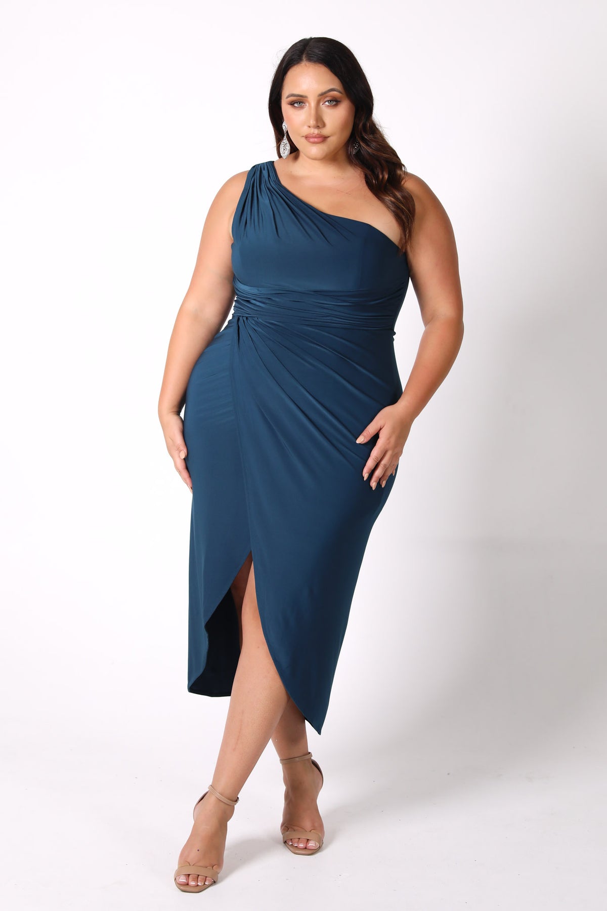 one shoulder midi dress australia Tina Holly Couture TK315 One Shoulder A-Line Midi Dress Navy / 22 AUS