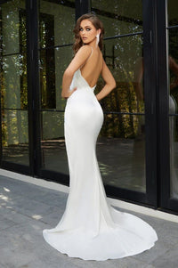 Designer White Silk Evening Full Length Gown V Neck Thigh High Split Open Back