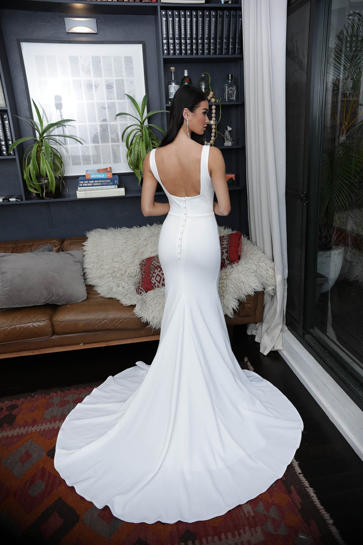 Open Back Design with Faux Button Zip Closure of White Square Neck Fit & Flare Wedding Gown with Floor Sweeping Train