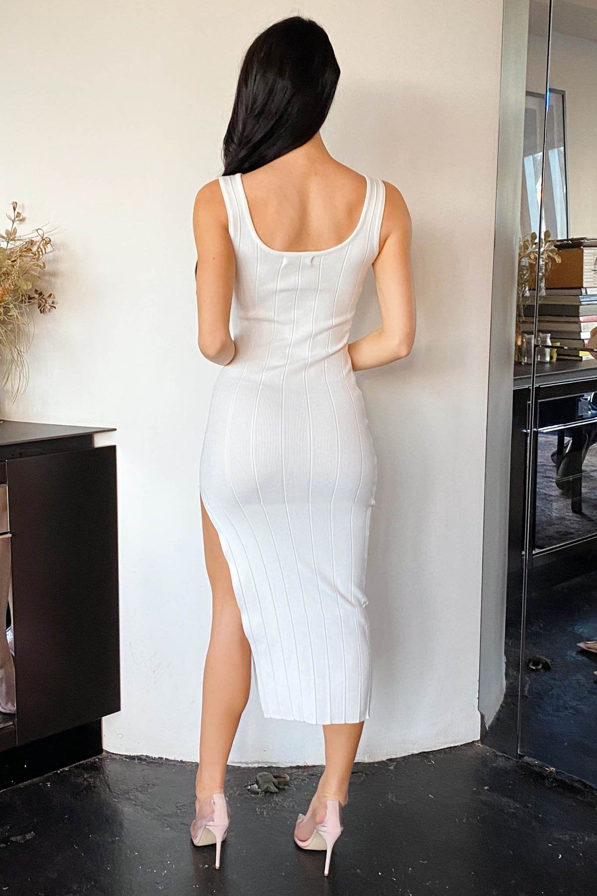 Back Image of White Knit Midi Bodycon Dress with Square Neckline and Side Split