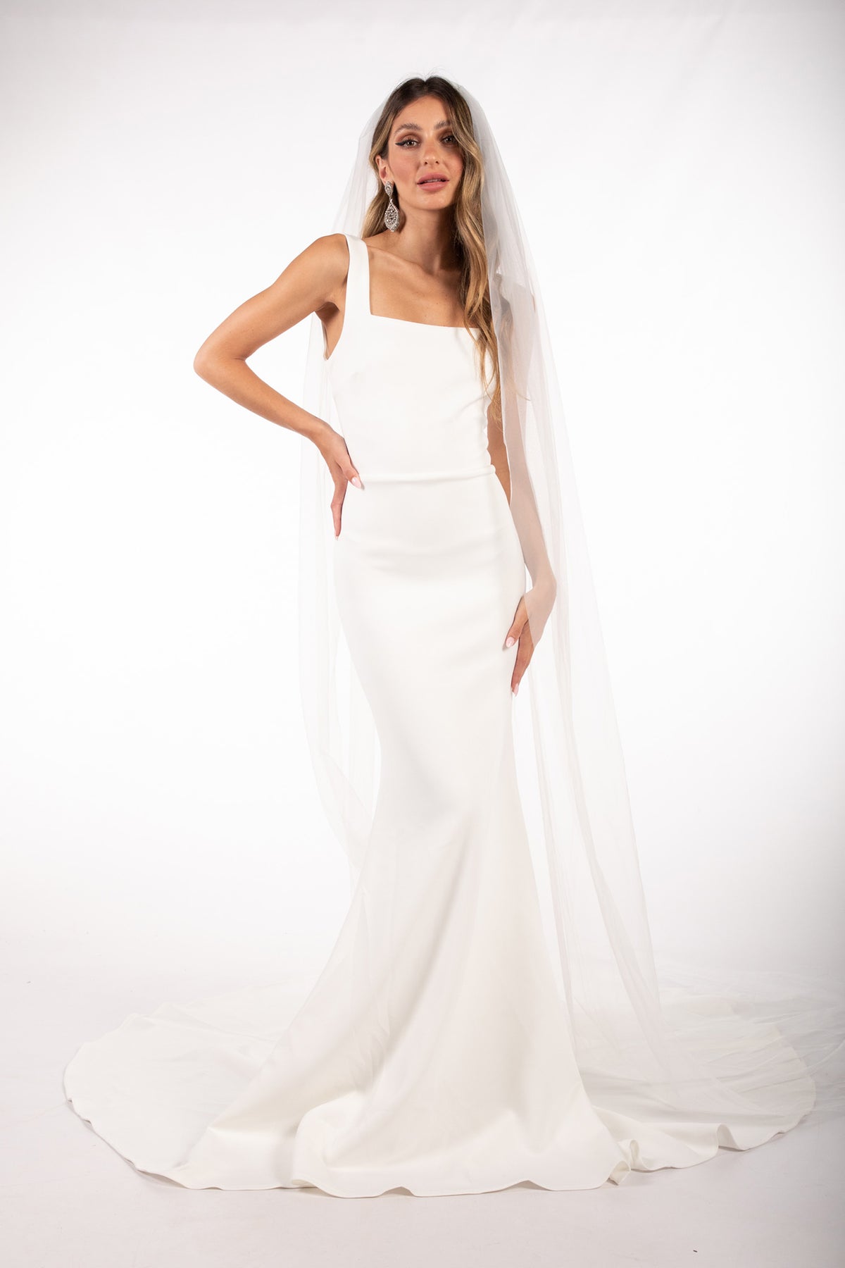 Ivory White Square Neck Fitted Wedding Gown