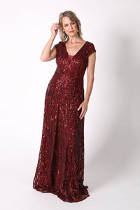 Mother of the Bride Sequin A-Line Maxi Dress with V Neckline and Cap Sleeves in Deep Red