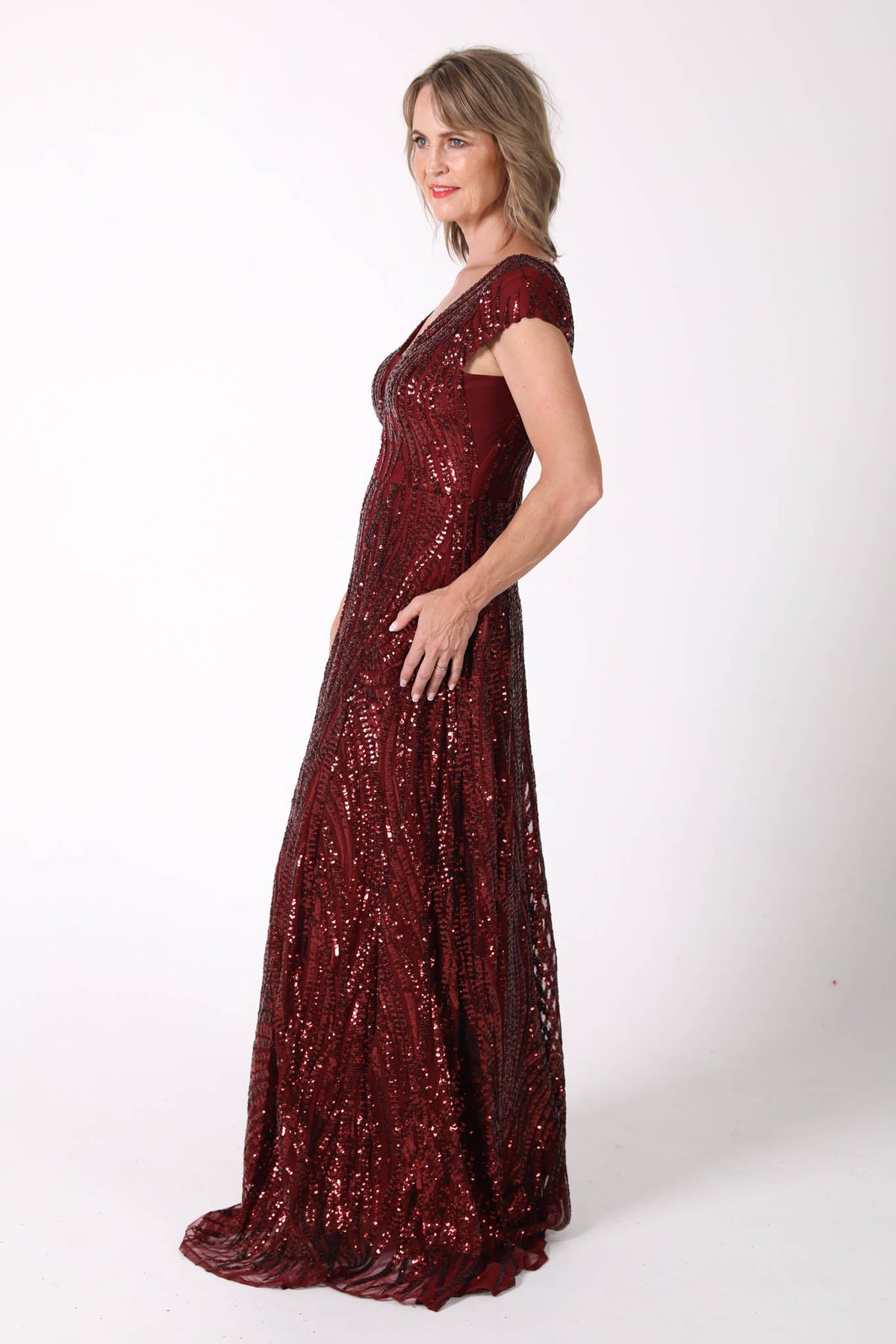 Mother of the Bride Sequin A-Line Maxi Dress with V Neckline and Cap Sleeves in Deep Red