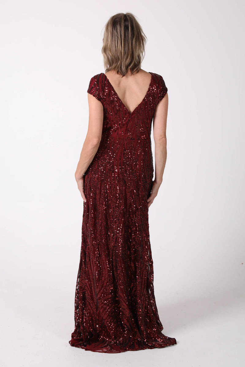 Mother of the Bride Sequin A-Line Maxi Dress with V Neckline and Cap Sleeves in Deep Red