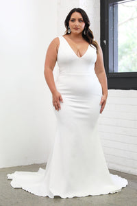 Plus Size Fitted Crepe Wedding Dress in Mermaid Silhouette with V-Neckline, Open V-Shape Back, Medium Long Train in Ivory Colour