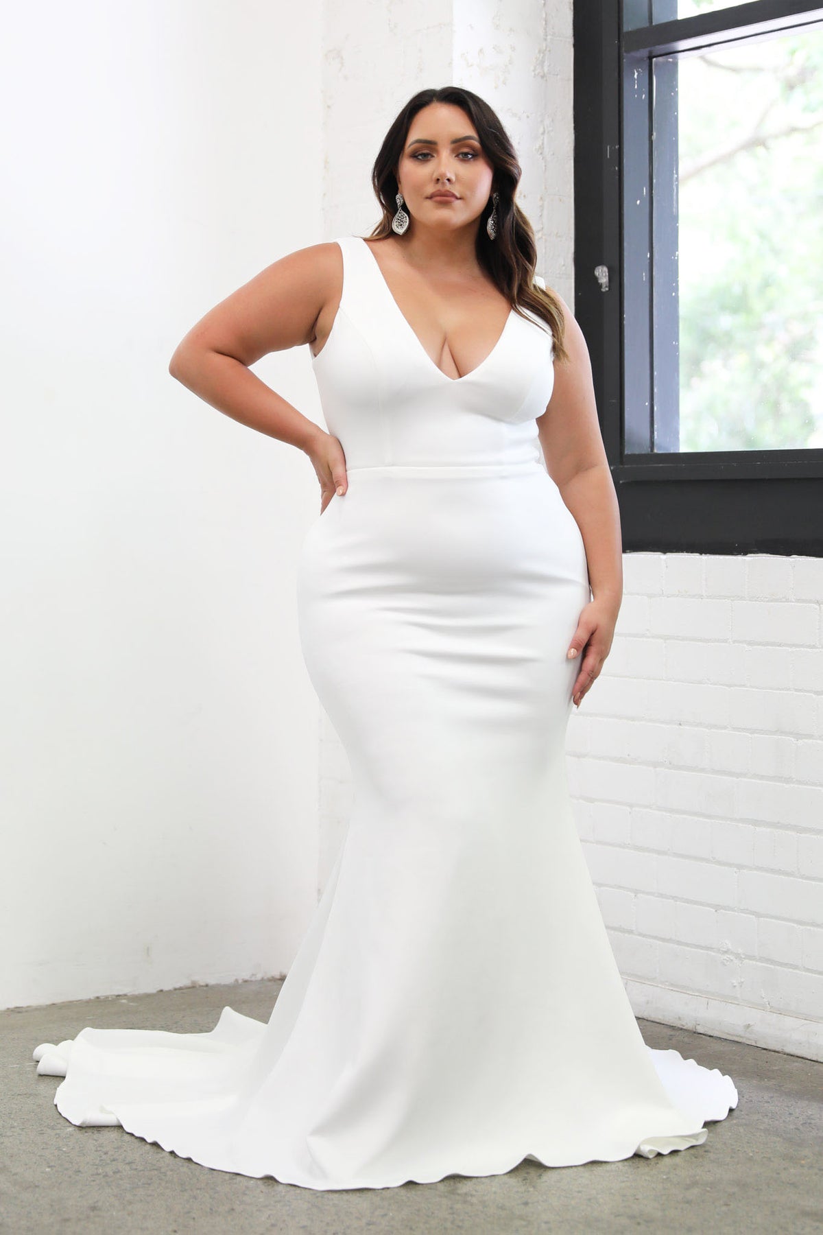 Plus Size V-Neck Crepe Mermaid Wedding Dress in Ivory Colour