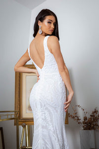 Close Up Image of Open Back Design of White Embroidered Pattern Sequin Floor Length Sleeveless Evening Dress with V-Neckline and Fit and Flare Mermaid Skirt