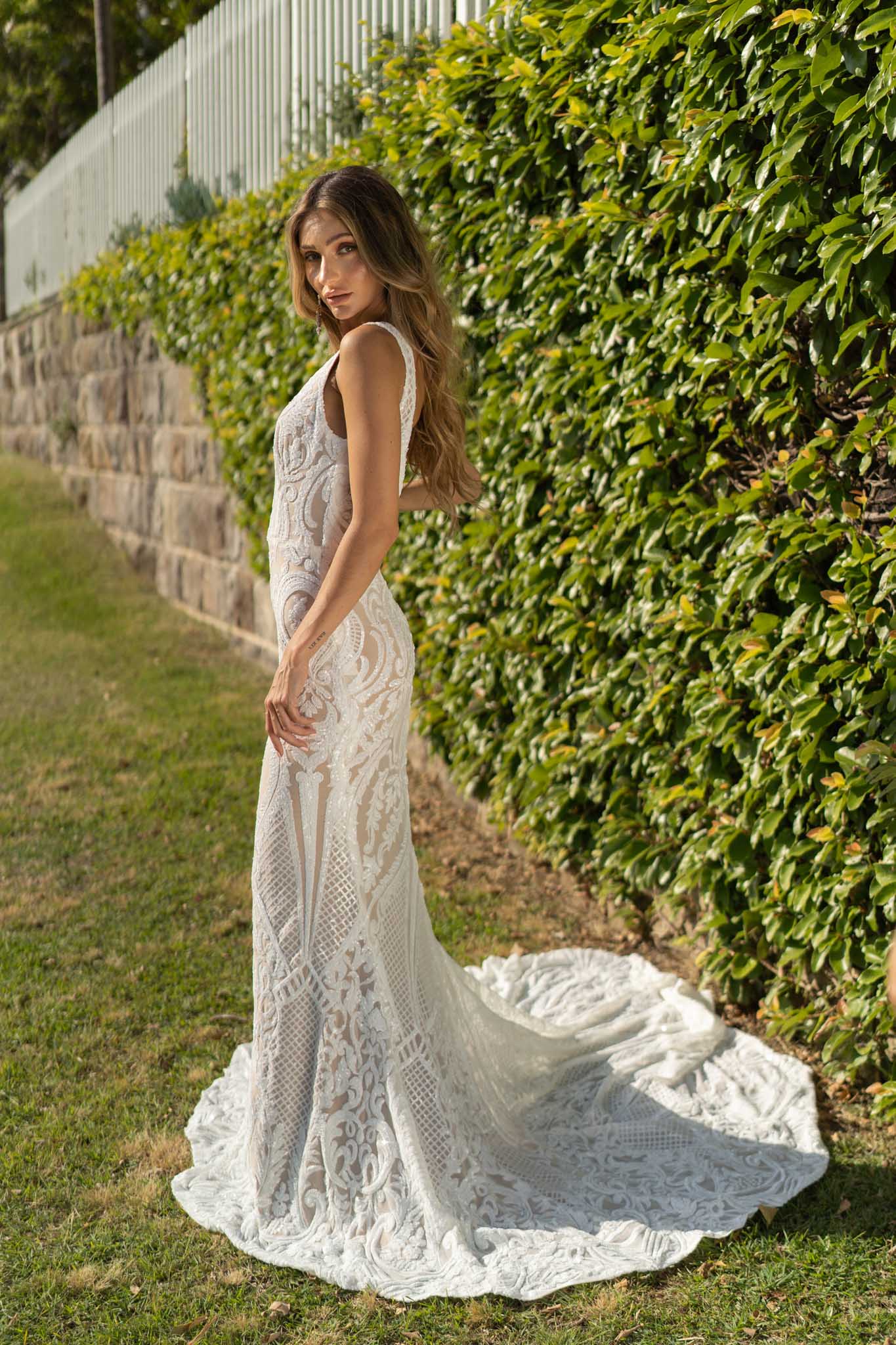 fitted lace wedding dress Kalani Pattern Sequin Gown - White/Nude