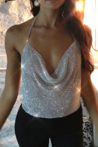 Silver Sparkly Diamante Crystal Top Cowl Neck Design with Crystal Chains