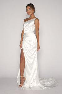Ivory White Satin Evening Gown featuring One Shoulder Design, Gathering Ruched Waist Detail, Thigh High Slit and Sweep Train