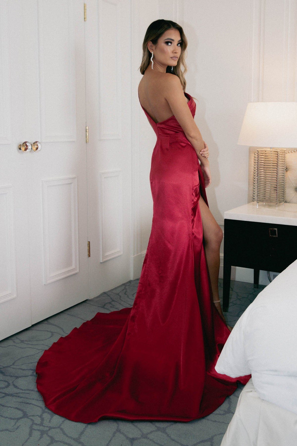 Deep Red Satin Full Length Evening Gown featuring One Shoulder Design, Gathering Ruched Waist Detail, Thigh High Slit and Sweep Train
