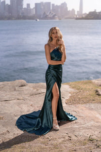 Emerald Green Satin Full Length Evening Gown featuring One Shoulder Design, Gathering Ruched Waist Detail, Thigh High Slit and Sweep Train