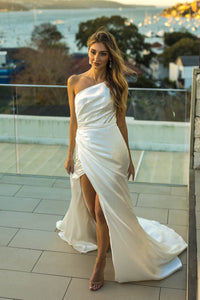 White Satin Full Length Evening Gown featuring One Shoulder Design, Gathering Ruched Waist Detail, Thigh High Slit and Sweep Train