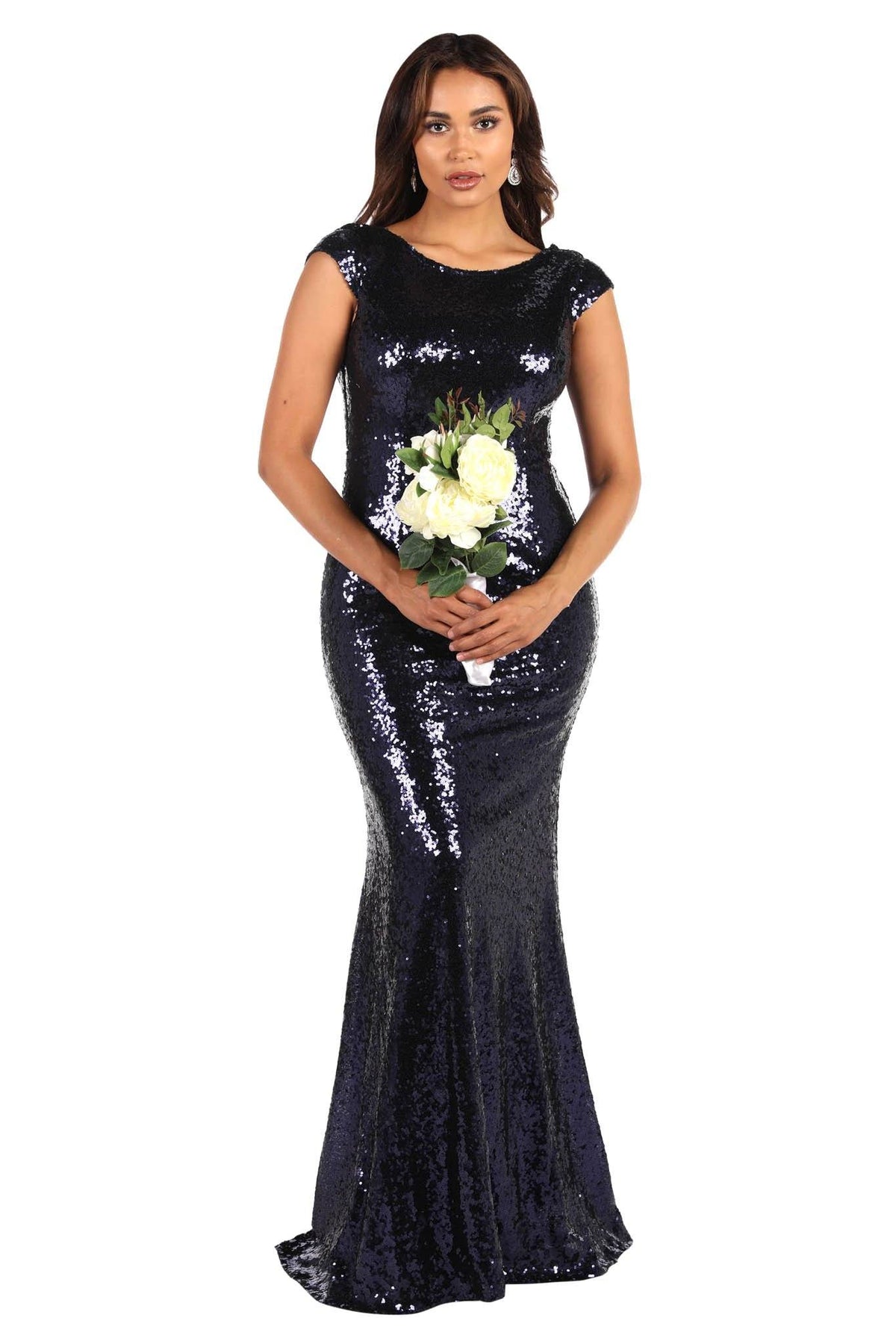 Navy Dark Blue Sequin Bridesmaid Maxi Dress with Boat Neckline and Cowl Back Design