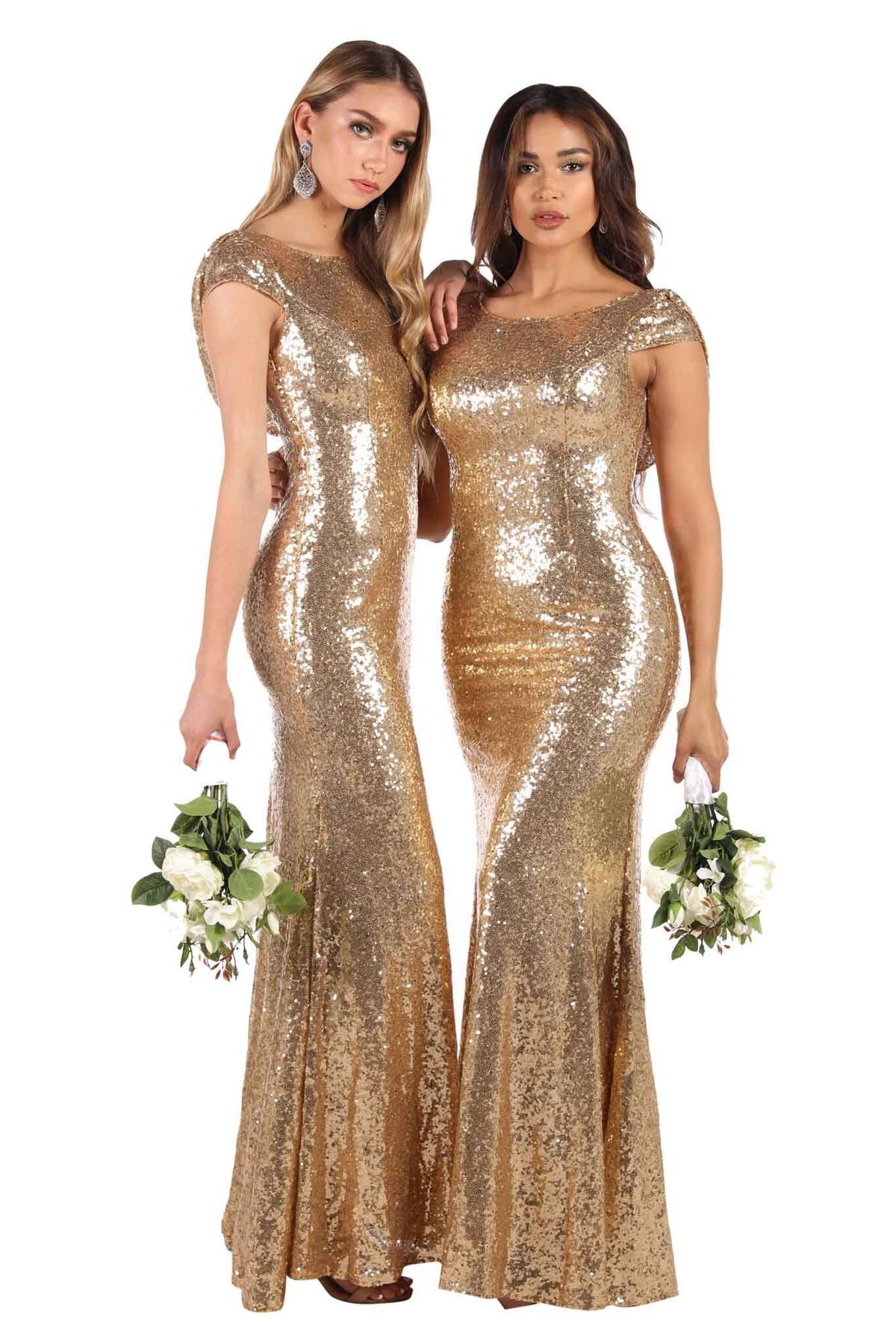 Gold Sequin Bridesmaid Maxi Dress with Boat Neckline and Cowl Back Design