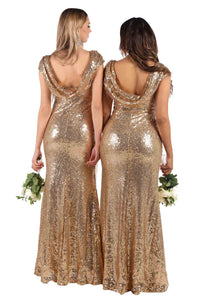 Low Cowl Back Design of Gold Sequin Bridesmaid Maxi Dress