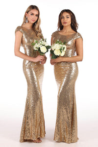 Gold Sequin Bridesmaid Dress with Boat Neckline and Cowl Back Design
